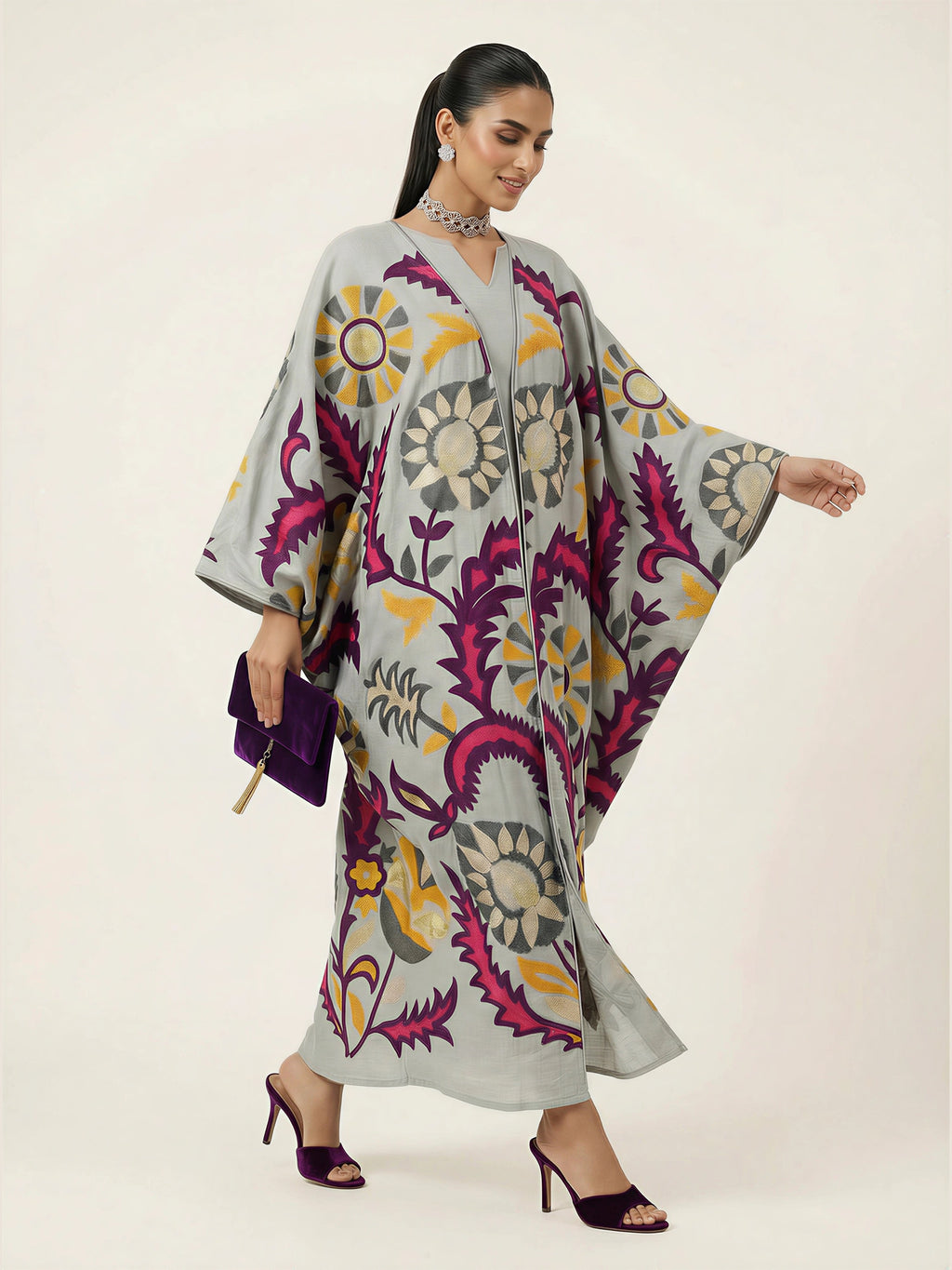 2 Pieces embroidered linen Kaftan/Dara'a in Grey I   دراعة فخمة مطرزة من قطعتين