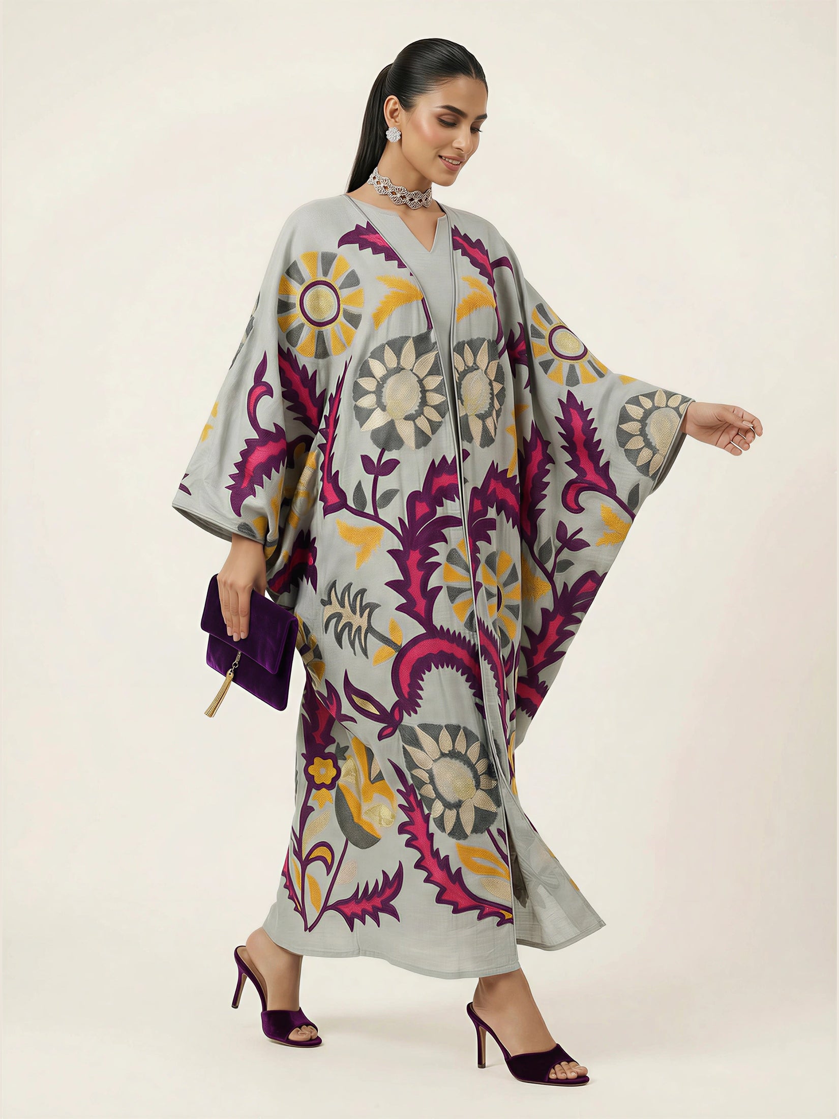 2 Pieces embroidered linen Kaftan/Dara'a in Grey I   دراعة فخمة مطرزة من قطعتين