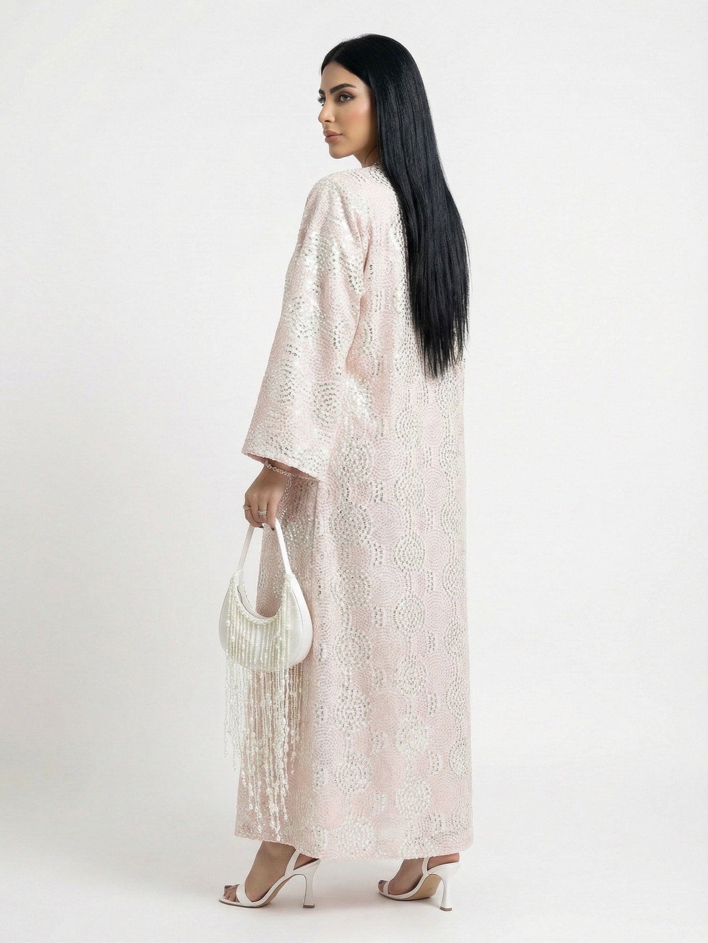 2 Pieces embroidered pink & white abaya