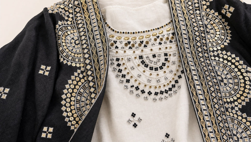 2 Pieces embroidered linen Kaftan/Dara'a Black & White I دراعة كويتية فخمة مطرزة من قطعتين