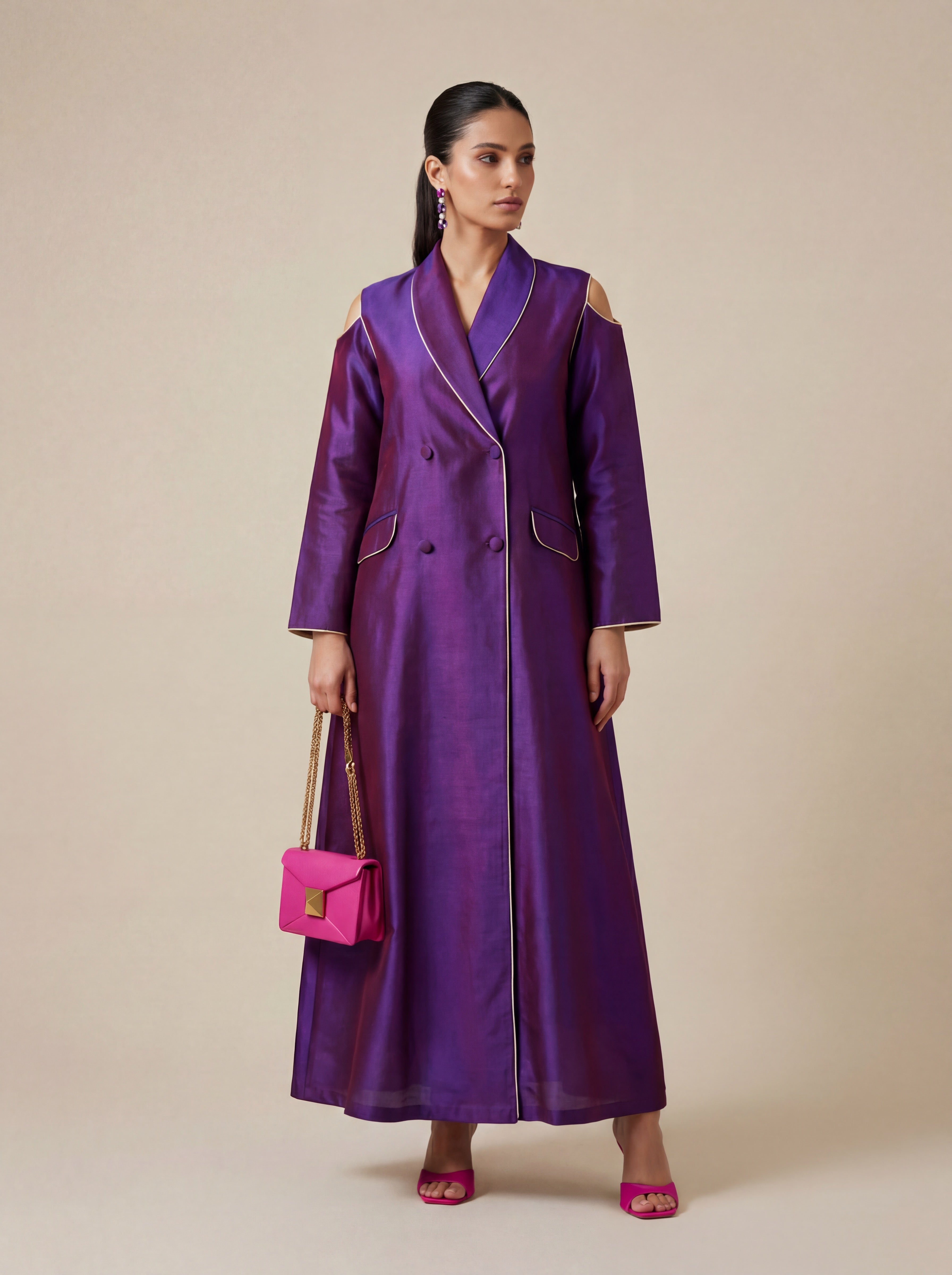 Off Shoulder Blazer Cut Kaftan/Dara'a Purple Pink I دراعة بدلة كويتية أوف شولدر بتطريز من الخلف