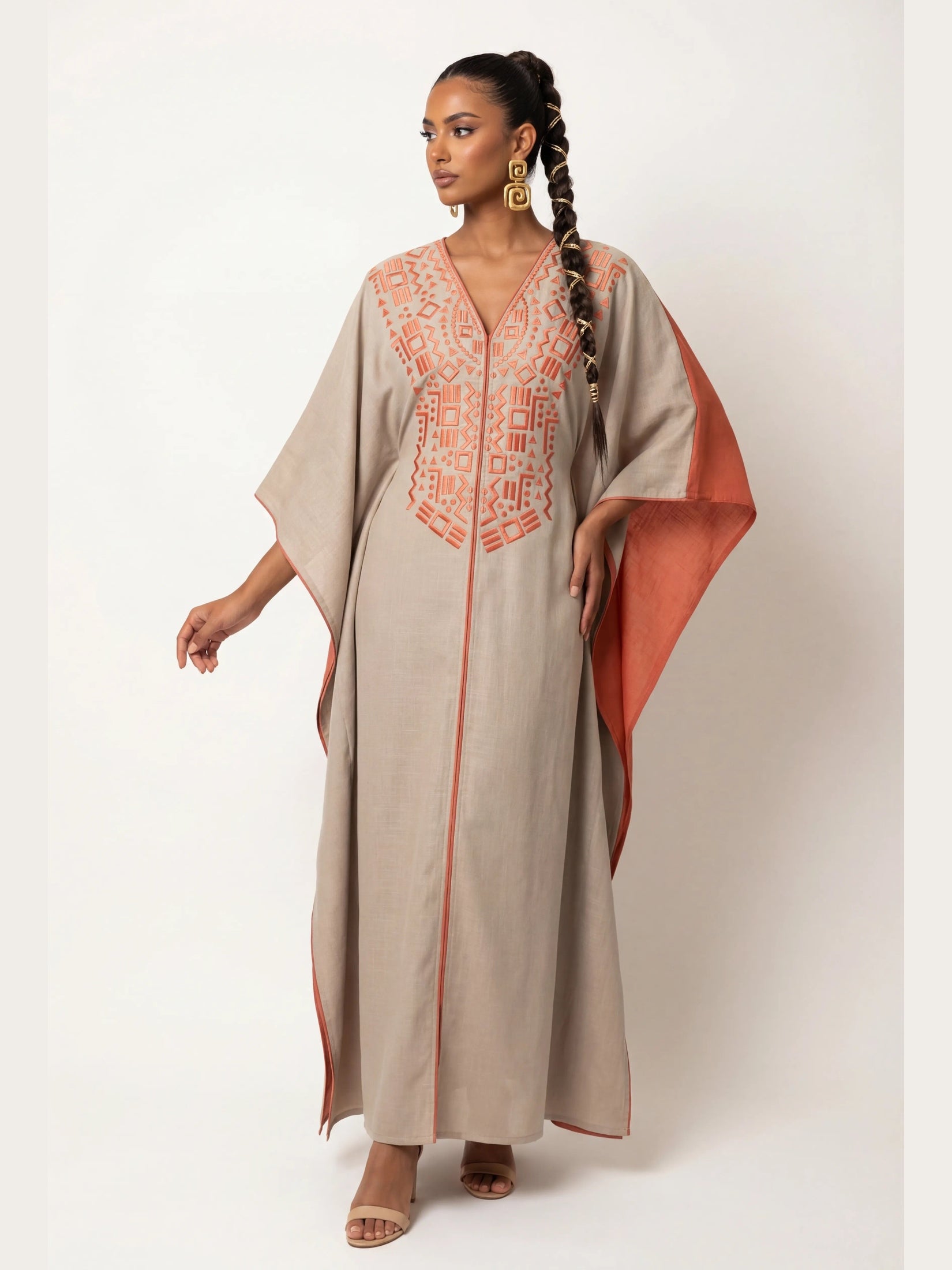 Linen Kaftan/Dara'a Orange with inside belt I  قفطان كتان بيج مطرز بالبرتقالي مع حزام داخلي