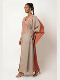 Linen Kaftan/Dara'a Orange with inside belt I  قفطان كتان بيج مطرز بالبرتقالي مع حزام داخلي