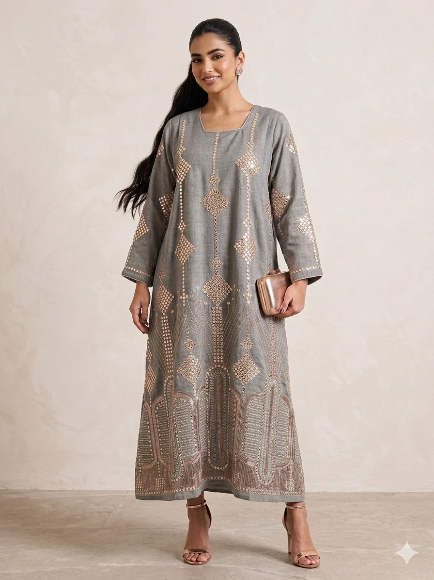 Embroidered Linen Kaftan/Dara'a in Grey & Rose Gold