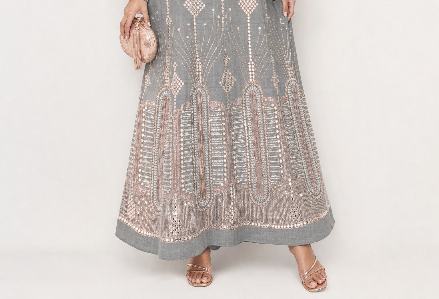 Embroidered Linen Kaftan/Dara'a in Grey & Rose Gold