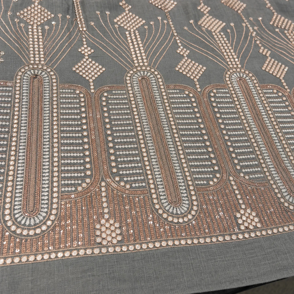 Embroidered Linen Kaftan/Dara'a in Grey & Rose Gold