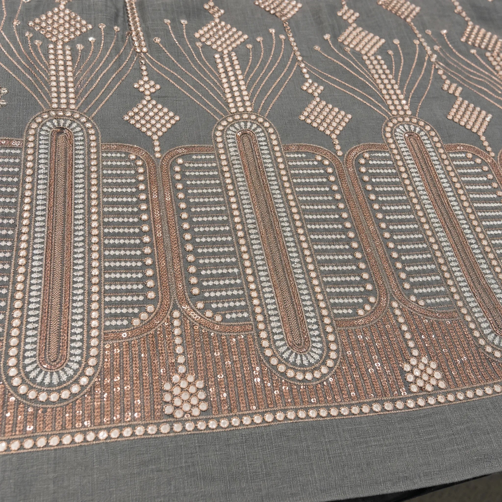 Embroidered Linen Kaftan/Dara'a in Grey & Rose Gold