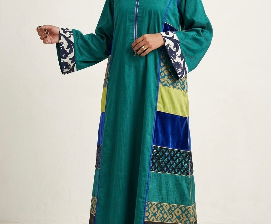 Metanoia Indian Silk Dara'a Abaya Teal Free Size