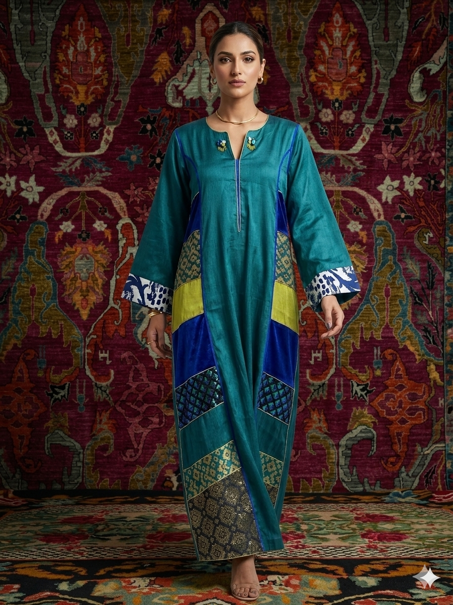 Metanoia Indian Silk Dara'a Abaya Teal Free Size