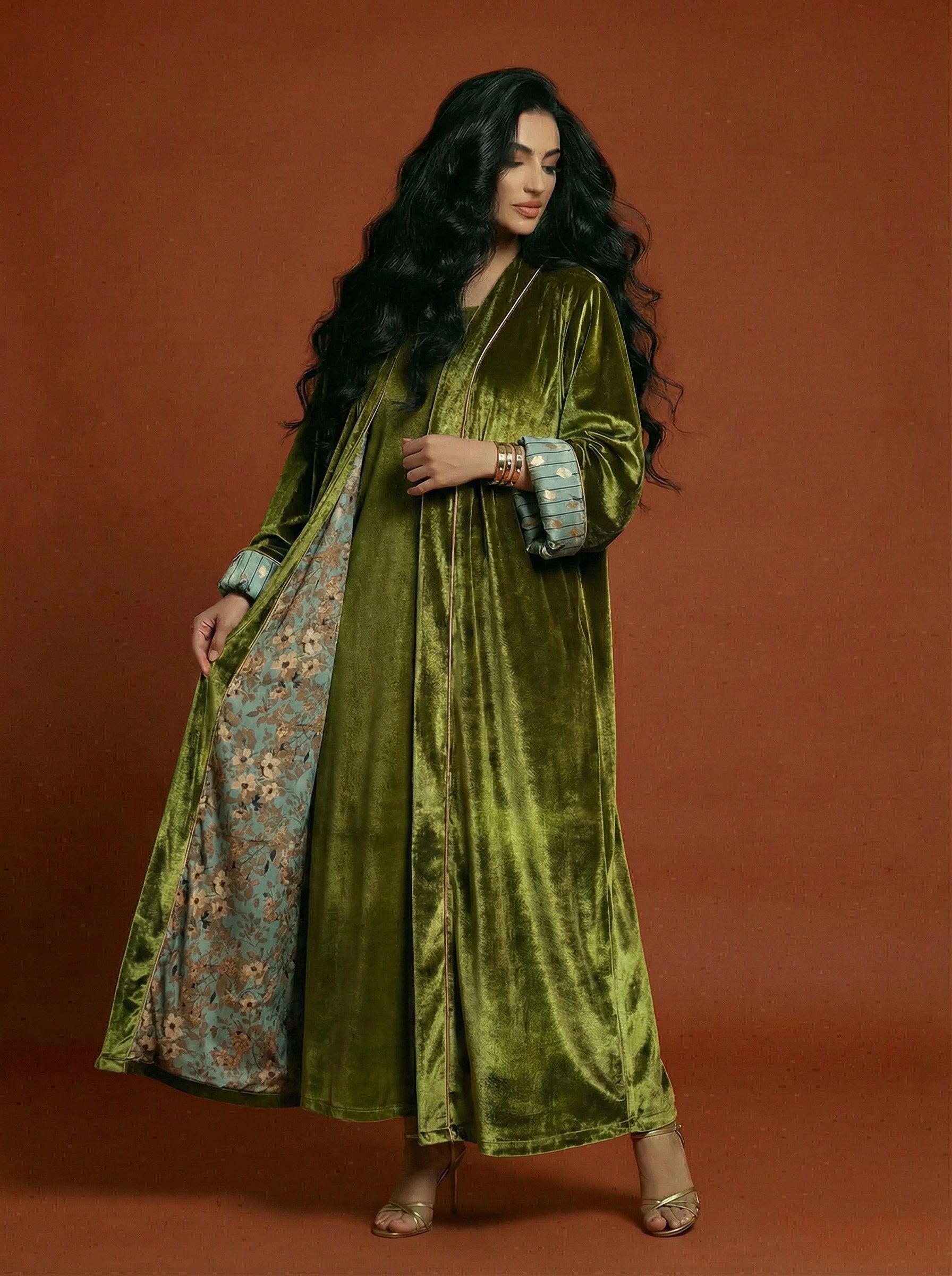 Olive green velvet abaya with shela