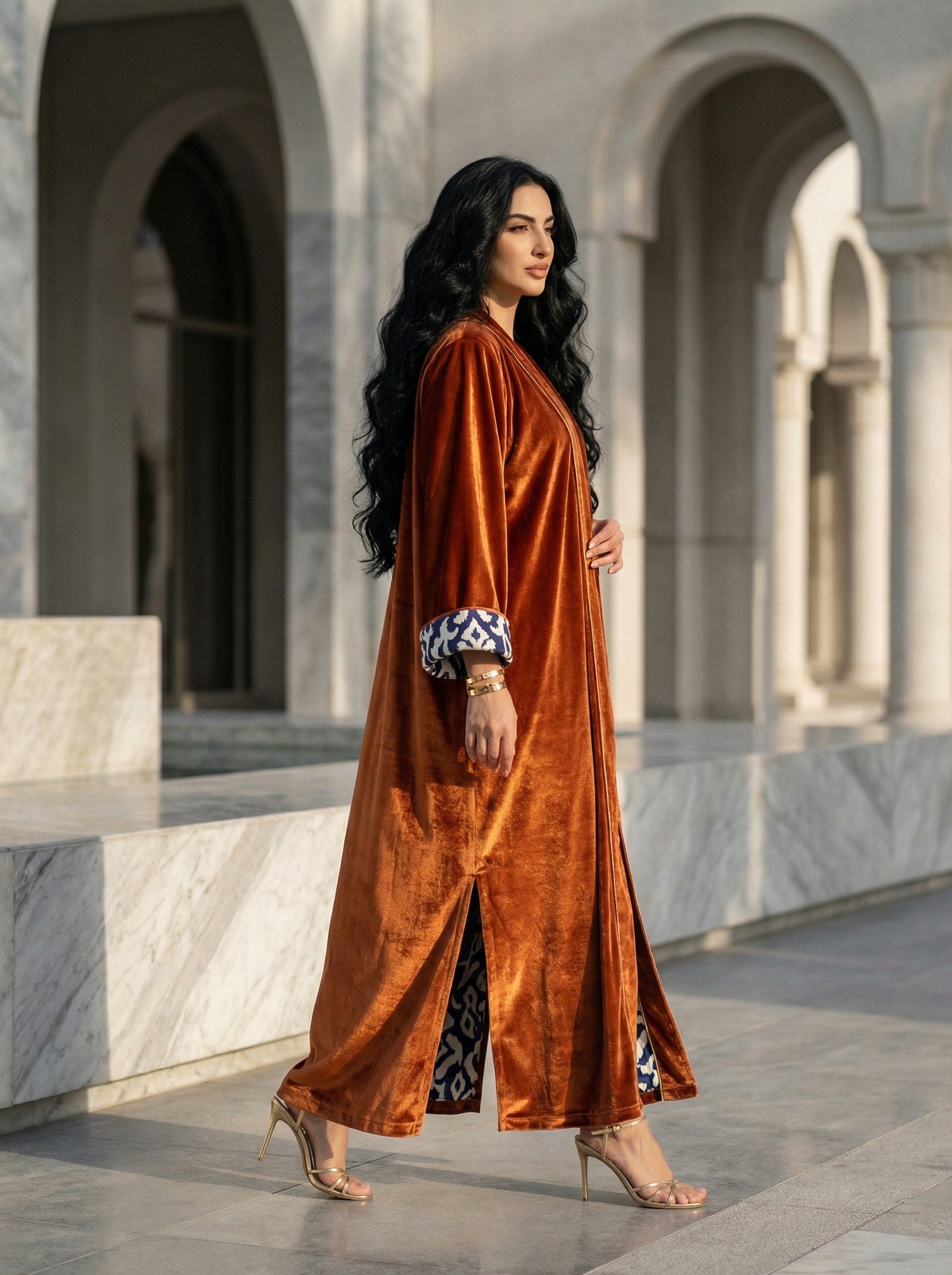 Burnt Orange velvet Abaya with Shela