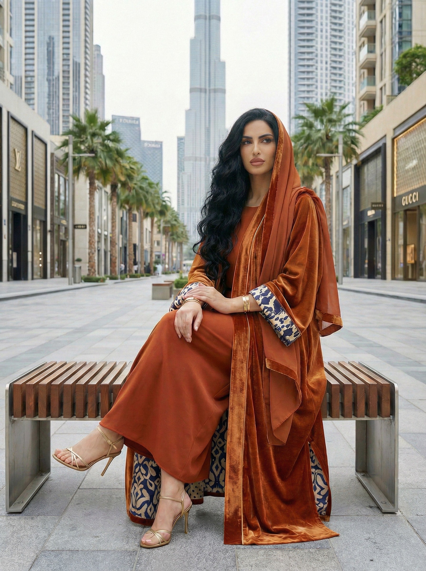Burnt Orange velvet Abaya with Shela