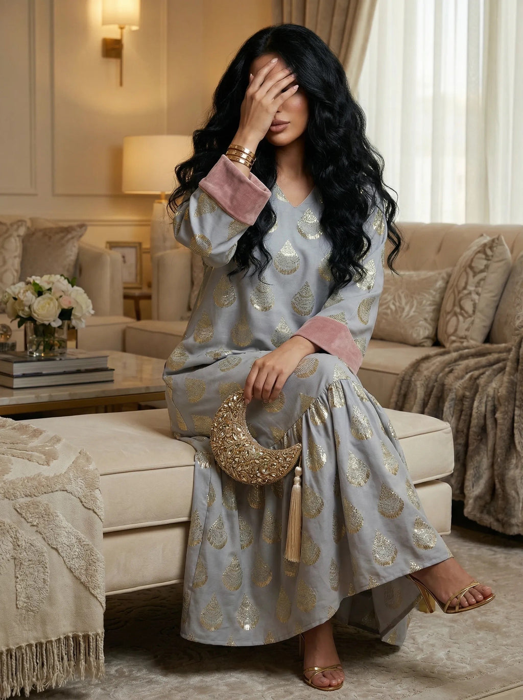 Grey filigree embroidered jalabiya