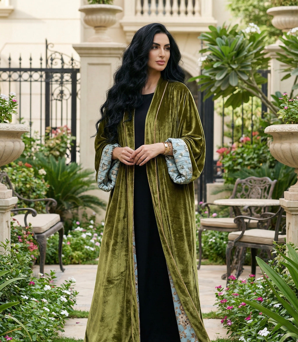Olive green velvet abaya with shela