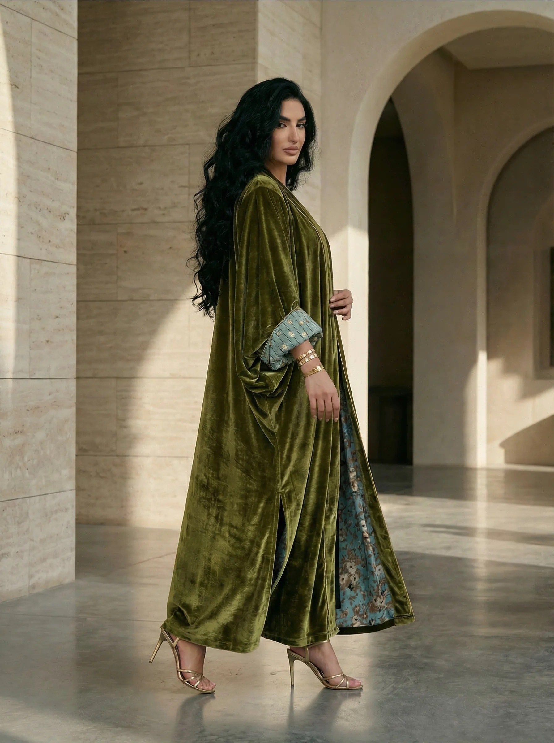 Olive green velvet abaya with shela