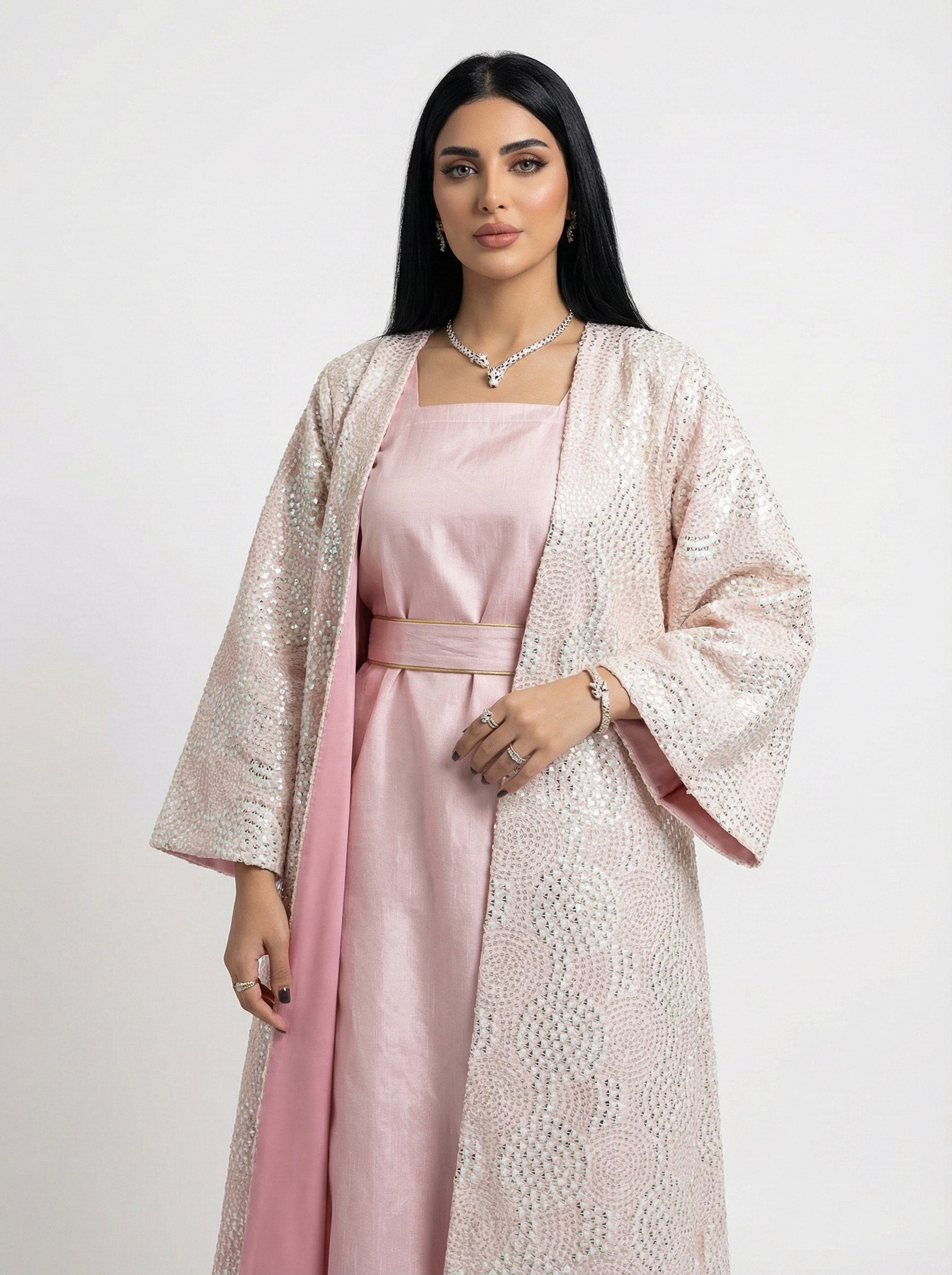 2 Pieces embroidered pink & white abaya