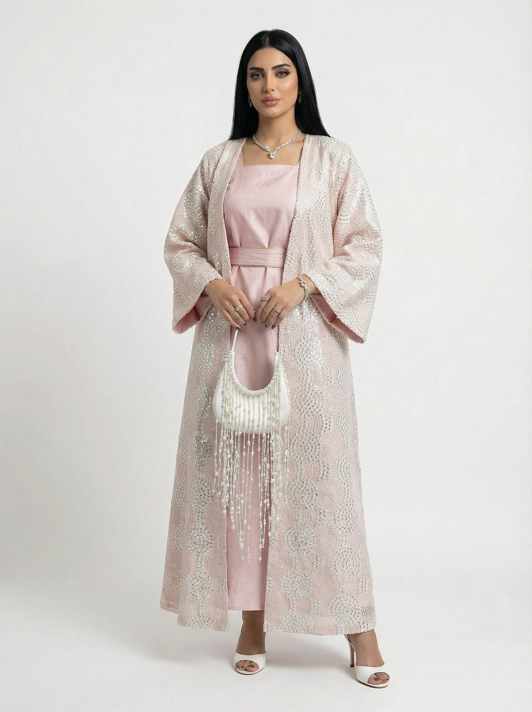 2 Pieces embroidered pink & white abaya