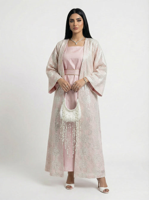 2 Pieces embroidered pink & white abaya