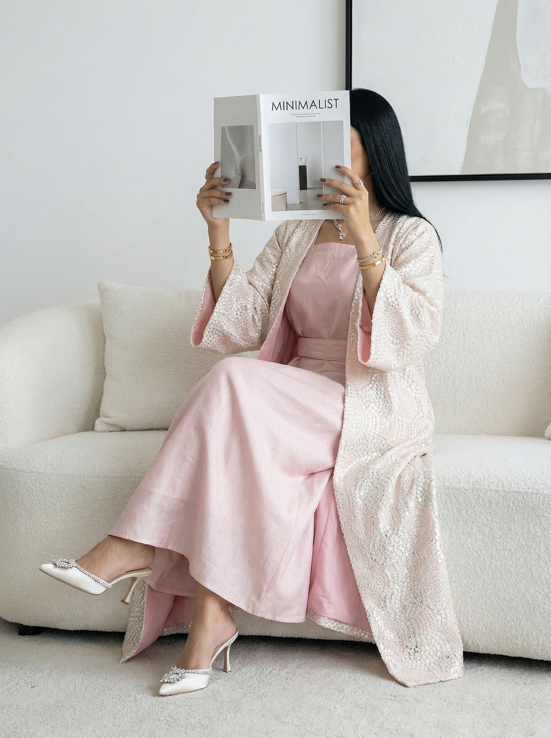 2 Pieces embroidered pink & white abaya