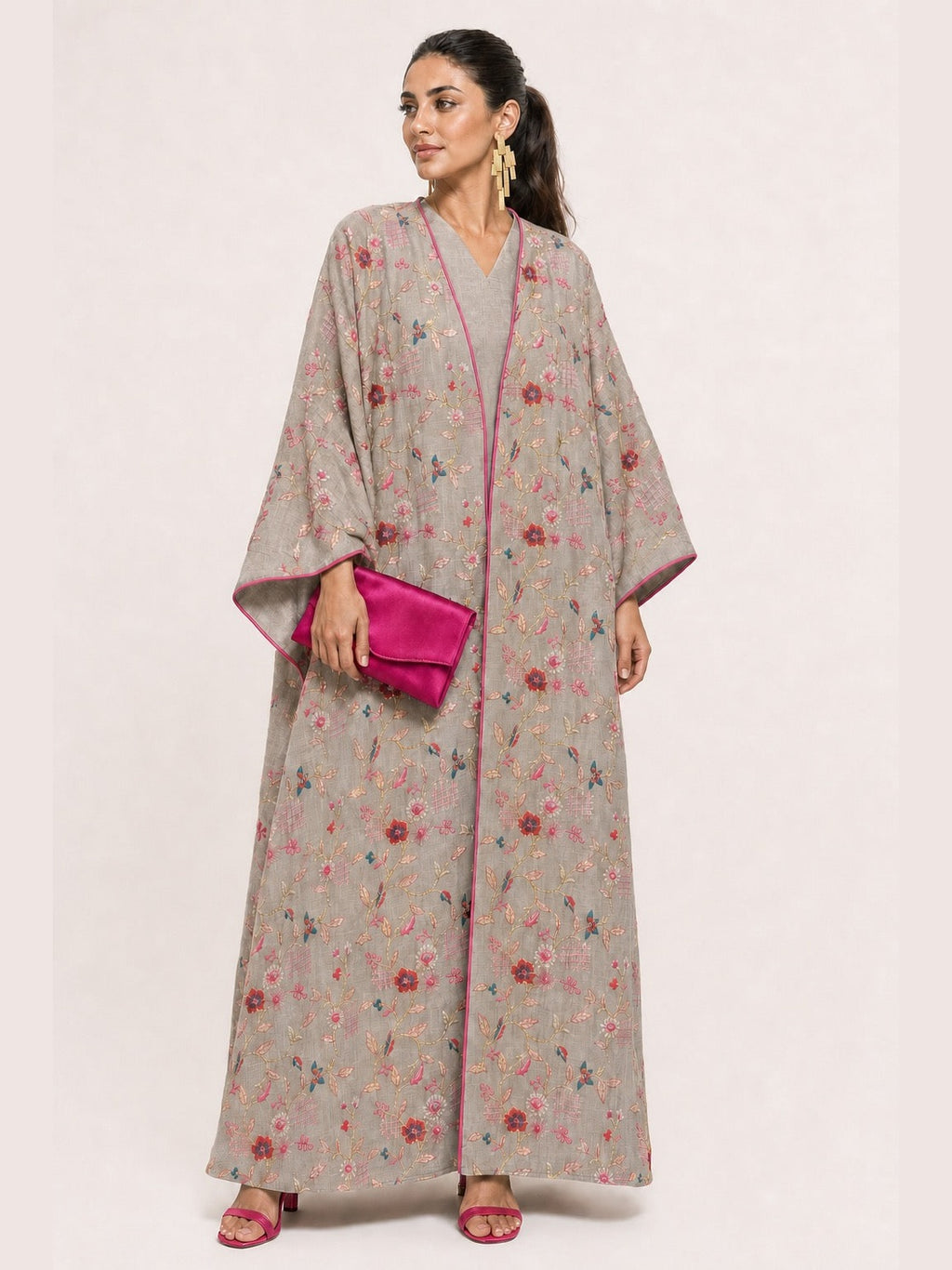 2 Pieces Embroidered Linen Kaftan/Dara'a in Beige & Fuchsia I دراعة قطعتين من الكتان المطرز باللون البيج والفوشي