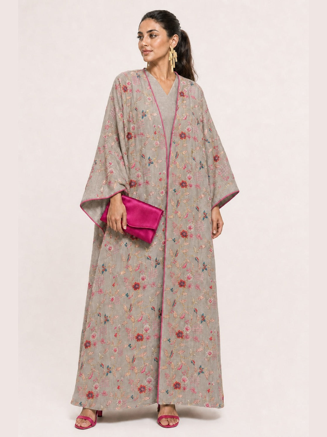 2 Pieces Embroidered Linen Kaftan/Dara'a in Beige & Fuchsia I دراعة قطعتين من الكتان المطرز باللون البيج والفوشي
