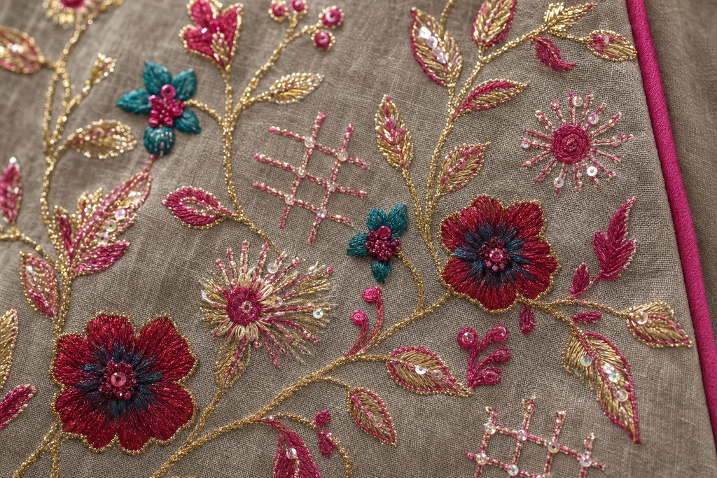 2 Pieces Embroidered Linen Kaftan/Dara'a in Beige & Fuchsia I دراعة قطعتين من الكتان المطرز باللون البيج والفوشي