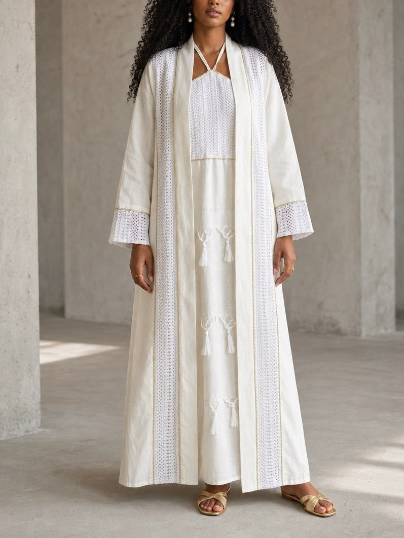 Krochet Linen Abaya Off White I عباية من الكتان والكروشيه من قطعتين