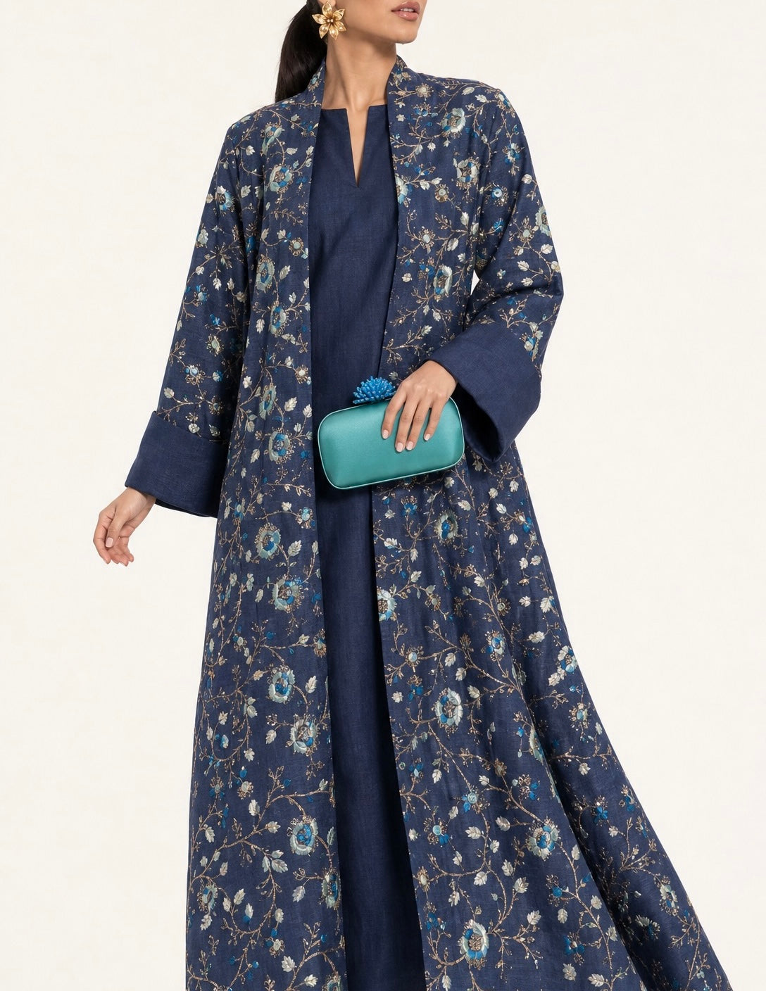 2 Pieces Embroidered Linen Kaftan/Dara'a Navy Blue