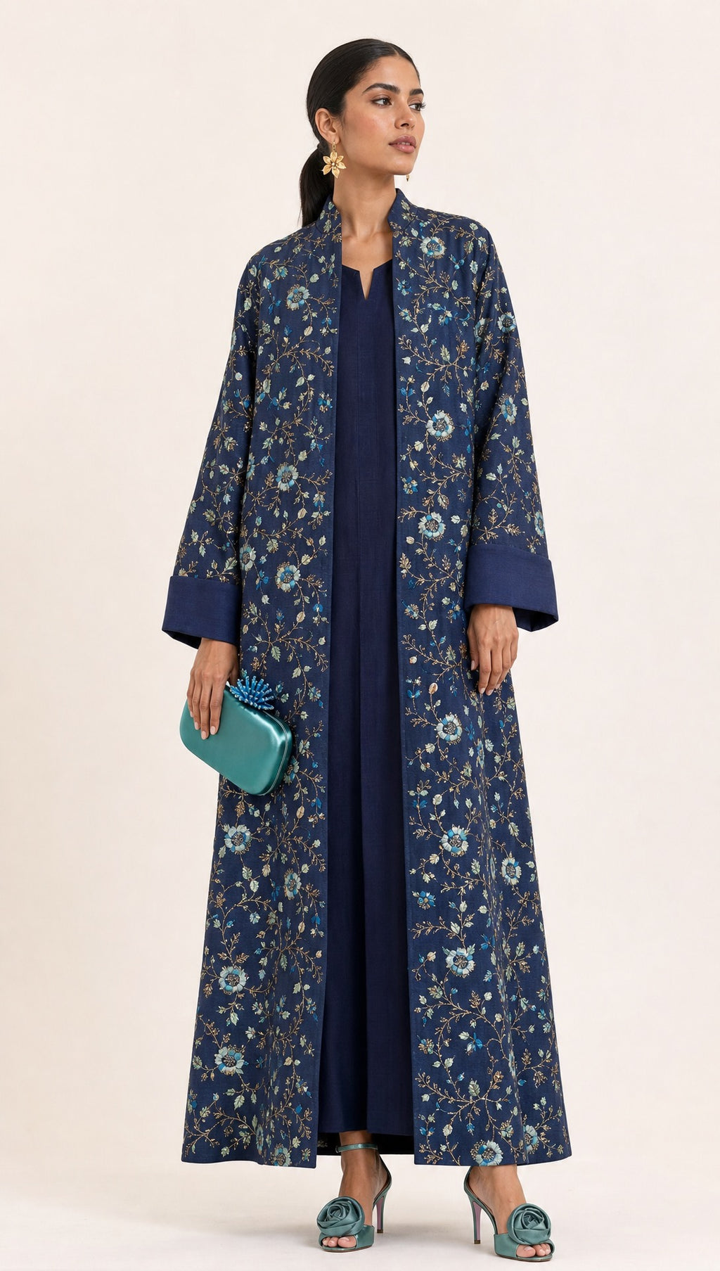 2 Pieces Embroidered Linen Kaftan/Dara'a Navy Blue