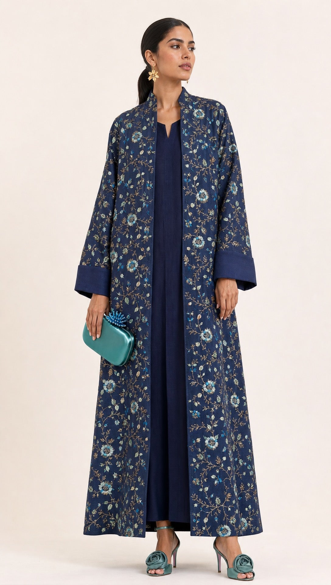 2 Pieces Embroidered Linen Kaftan/Dara'a Navy Blue
