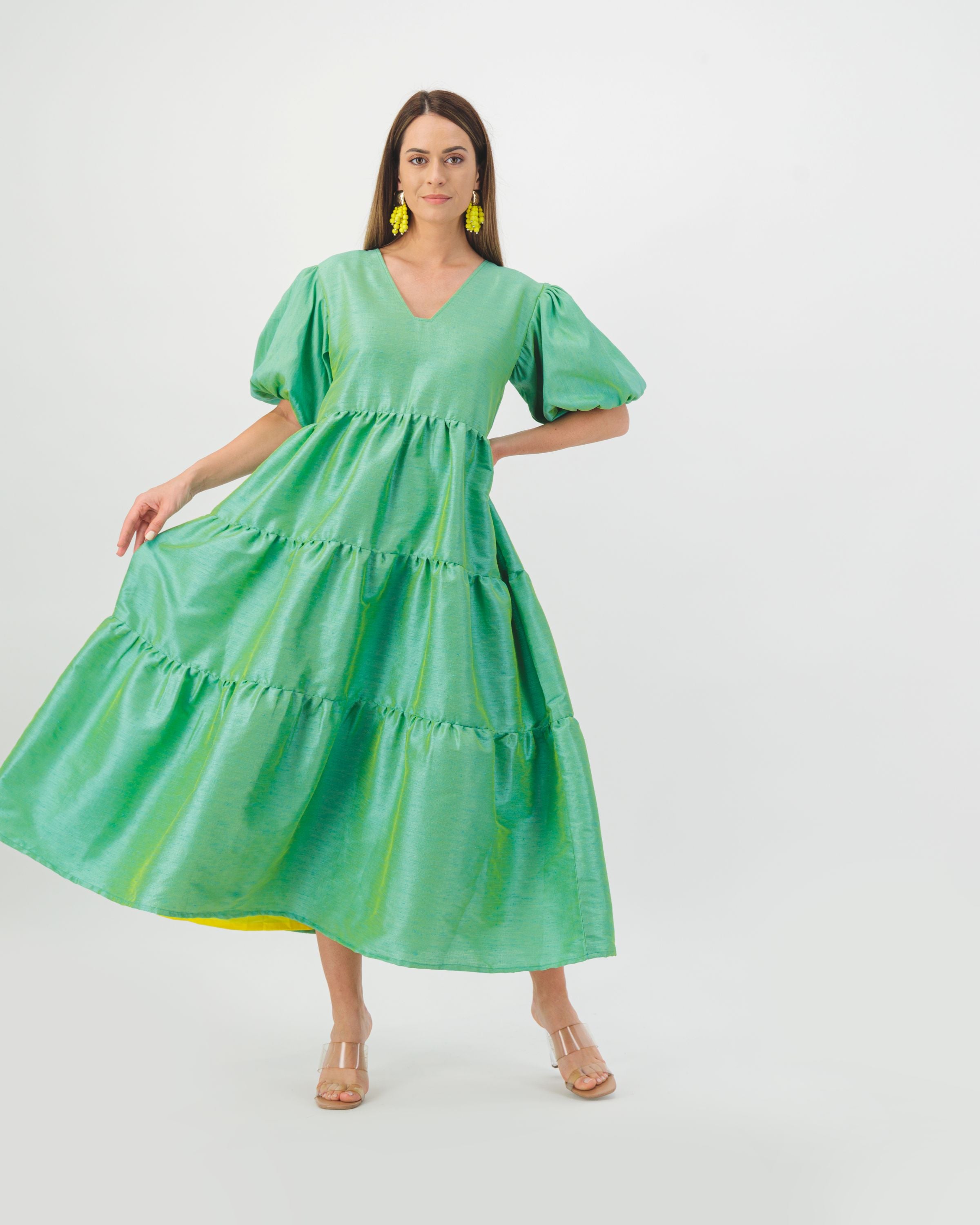 Green puff sleeves dress
