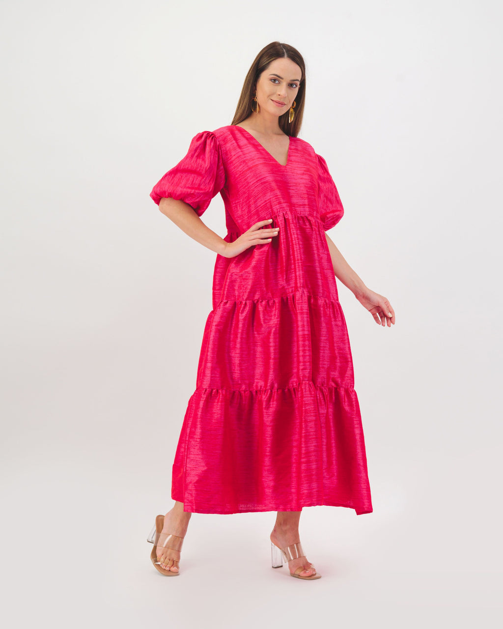 Hot Pink puff sleeves dress