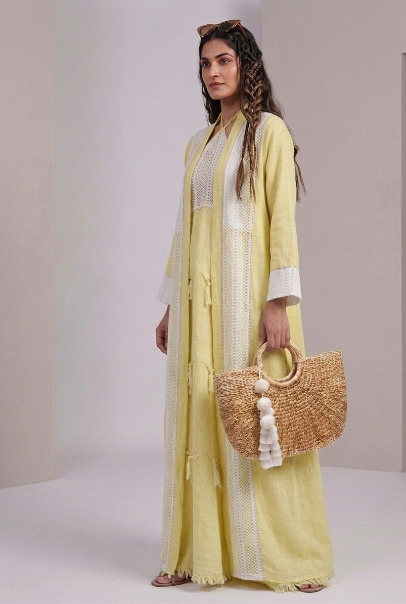 Krochet Yellow Linen Abaya I عباية من الكتان الأصفر والكروشيه من قطعتين