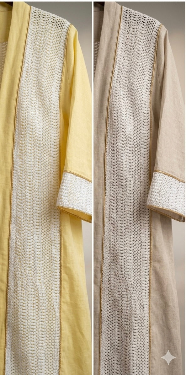 Krochet Yellow Linen Abaya I عباية من الكتان الأصفر والكروشيه من قطعتين